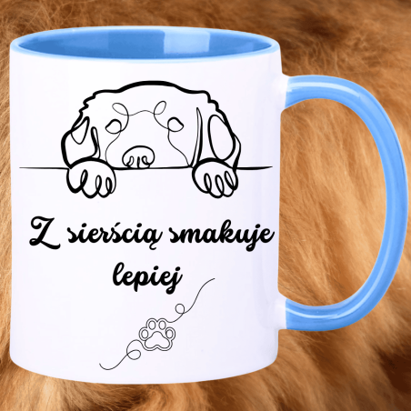 Kubek śmieszny z nadrukiem dla psiary – „Z sierścią smakuje lepiej”