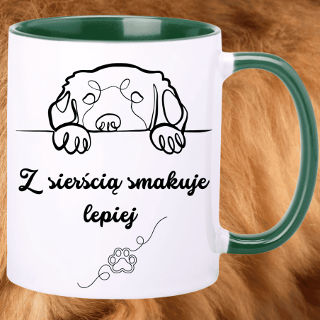Śmieszny kubek dla właścicielki psa – „Z sierścią smakuje lepiej”