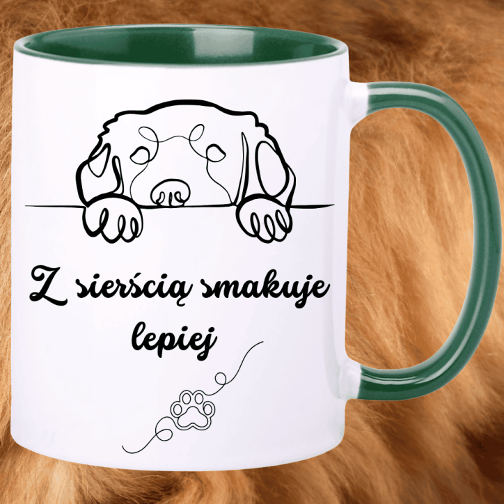 Śmieszny kubek dla właścicielki psa – „Z sierścią smakuje lepiej” Śmieszny kubek dla właścicielki psa – „Z sierścią smakuje lepiej”