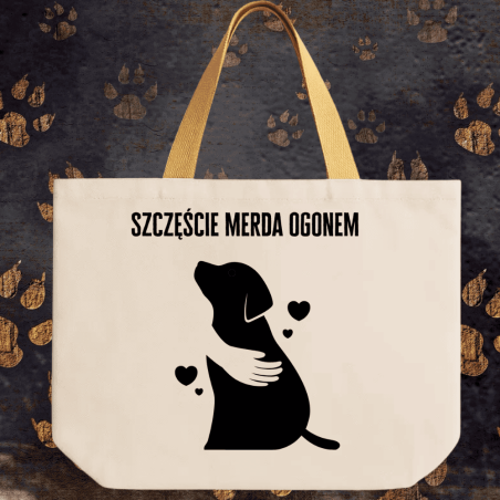 Torba płócienna na zakupy z psem i napisem „Szczęście merda ogonem” – na ramię, eko