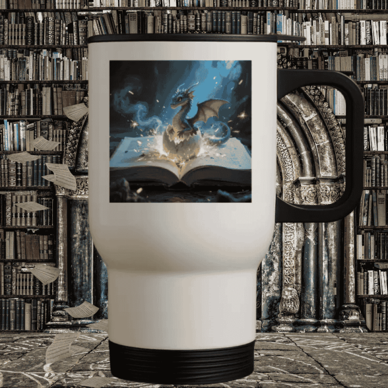 Kubek termiczny z grafiką smoka i książki – prezent dla książkoholika fantasy