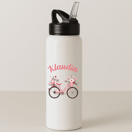 Personalizowany bidon z imieniem – różowy rower | prezent dla kobiety
