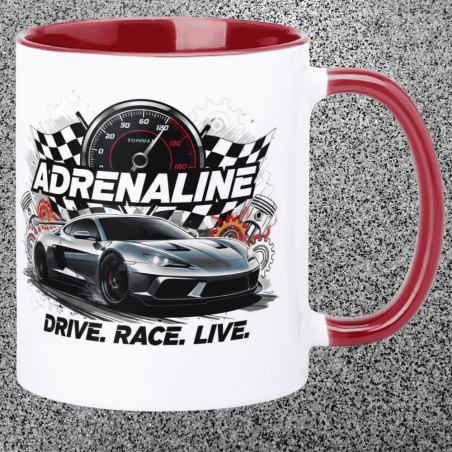 Kubek do kawy racing – „Adrenaline. Drive. Race. Live.”, prezent dla kierowcy