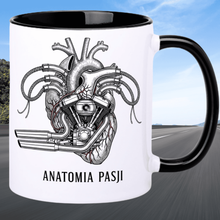 Kubek dla motocyklisty „Anatomia Pasji” – anatomiczna rycina z sercem-silnikiem