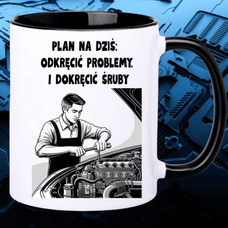 Kubek z nadrukiem dla mechanika samochodowego – plan na dziś: odkręcić problemy, dokręcić śruby