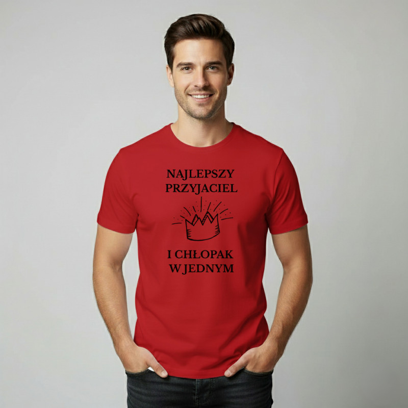 Czerwony Bawełniany T-shirt dla niego – „Najlepszy przyjaciel i chłopak w jednym”, idealny na prezent