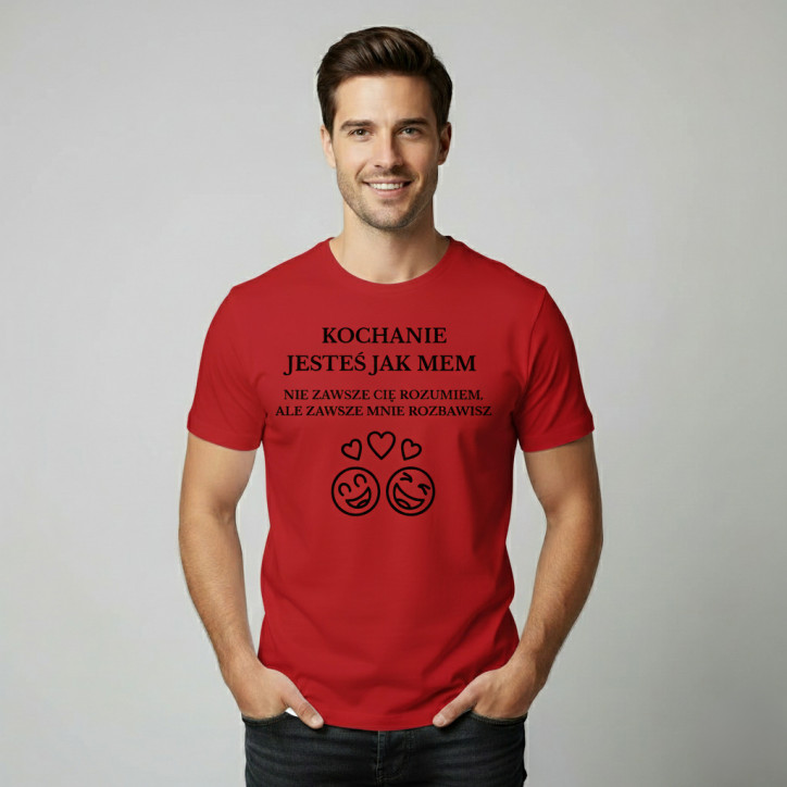 Czerwony Bawełniany T-shirt „Kochanie jesteś jak mem”, dla chłopaka Czerwony Bawełniany T-shirt „Kochanie jesteś jak mem”, dla chłopaka