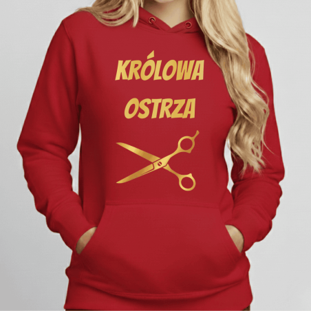 Niezastąpiona w pracy przy włosach bluza z kapturem damska czerwona z wybranym projektem dla fryzjerki