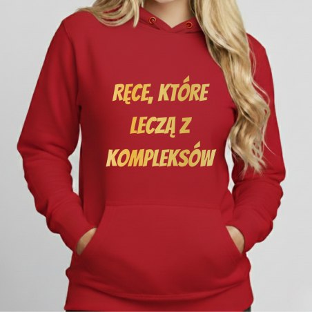 Sympatyczny gest dla koleżanki z pracy stylowa bluza z kapturem damska czerwona do salonu kosmetycznego