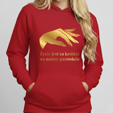 Modna bluza personalizowana dla stylistki z nadrukiem – czerwona, damska, z kapturem