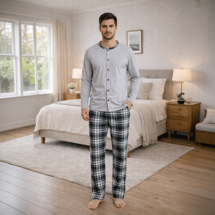 Jasna Piżama męska rozpinana dwuczęściowa bawełniana z długimi spodniami M-2XL