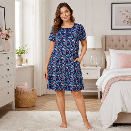 Koszula nocna damska plus size – granatowa w liście