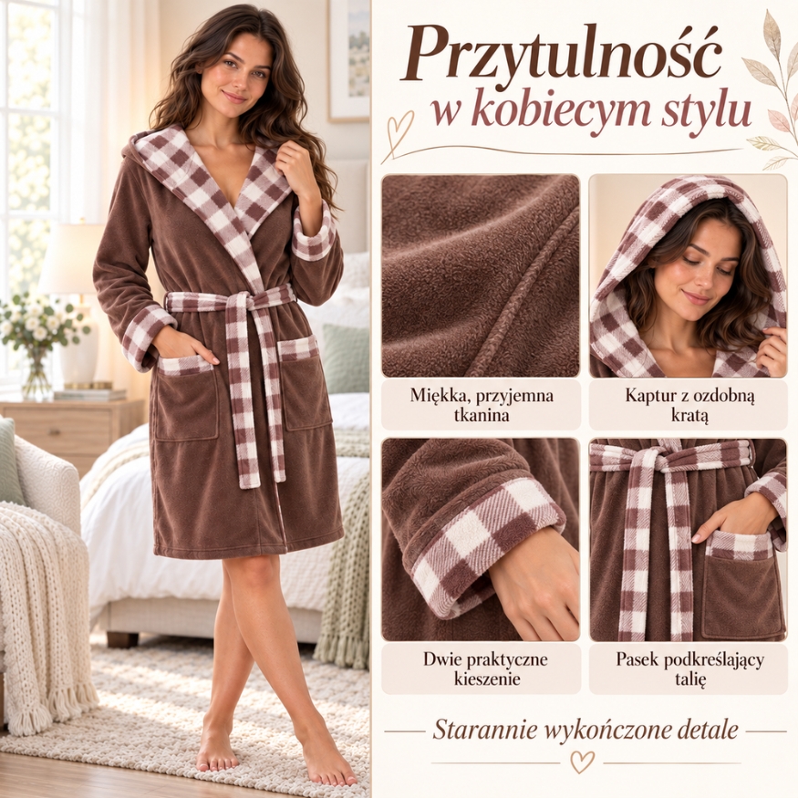 szlafrok brązowy w kratę damski