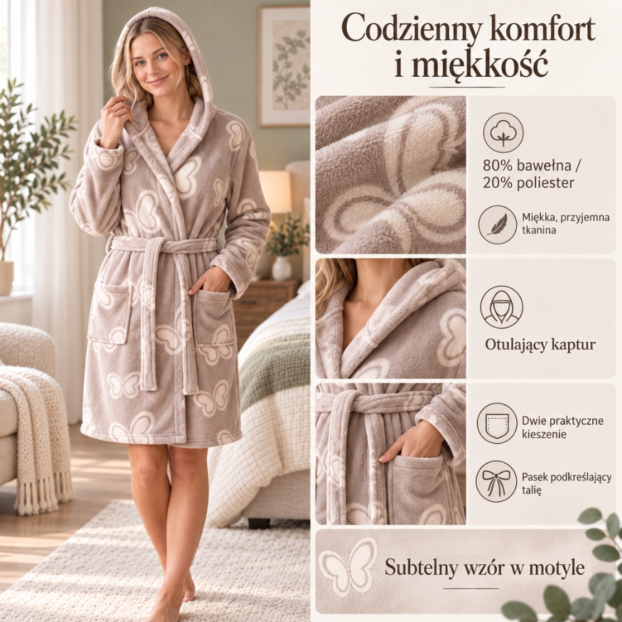 Krótki szlafrok damski beżowy w motyle – z kapturem, paskiem i kieszeniami