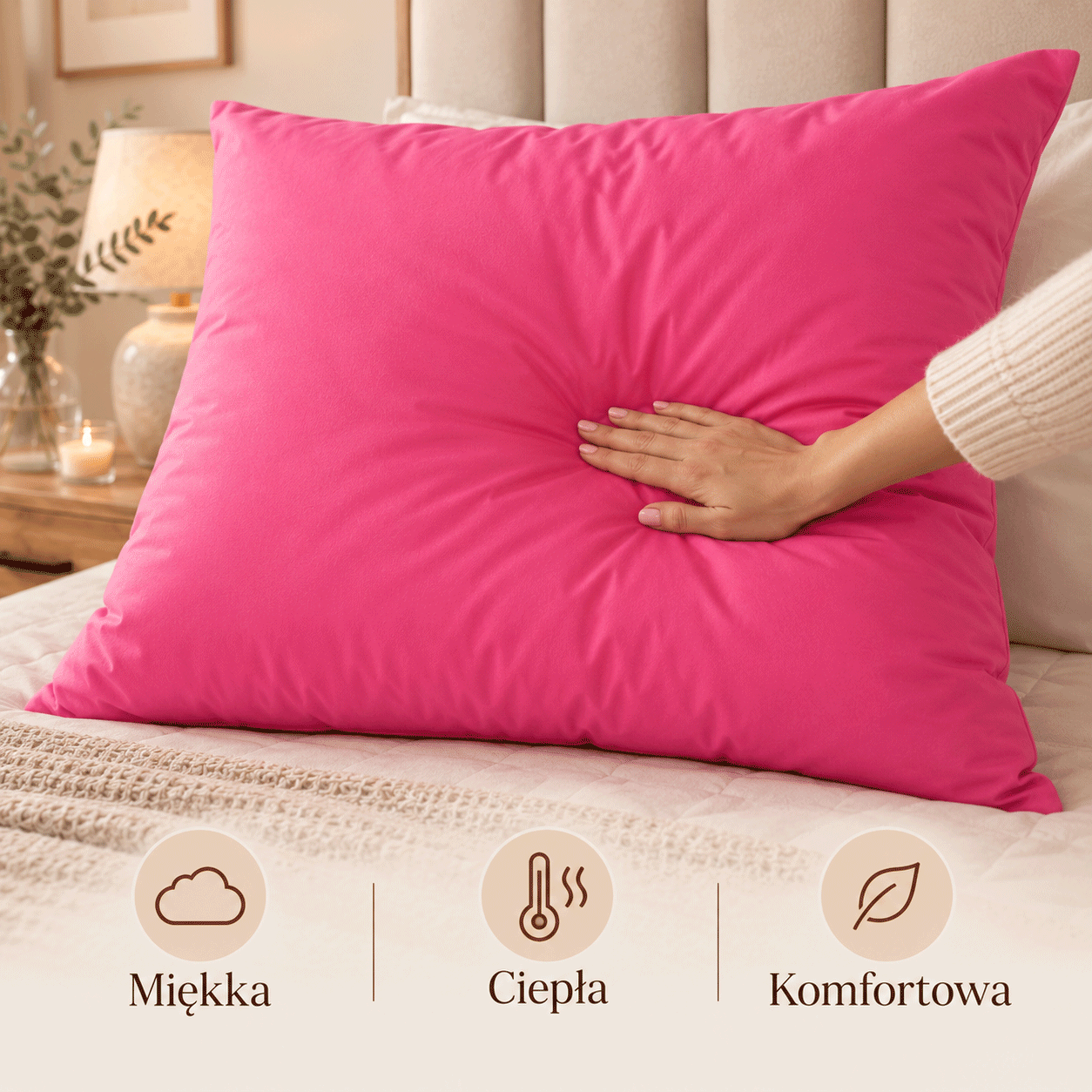 Różowa poduszka z wełną owczą 80x80 1,3 kg wypełnienia