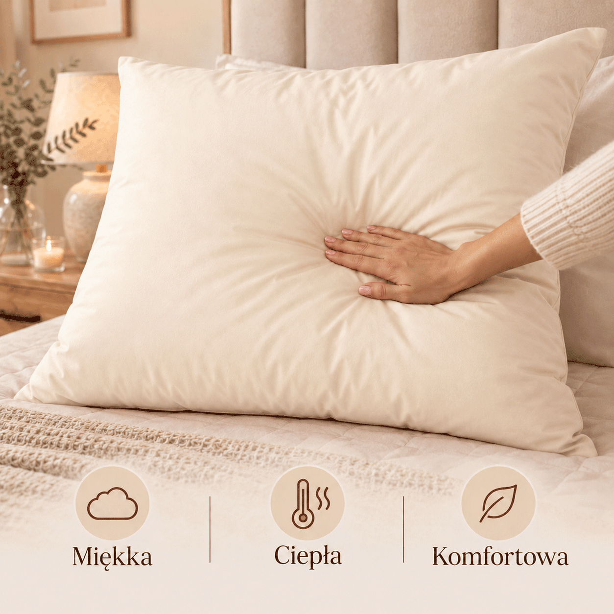 Duża poduszka z wełną owczą 80x80 ecru do snu i relaksu