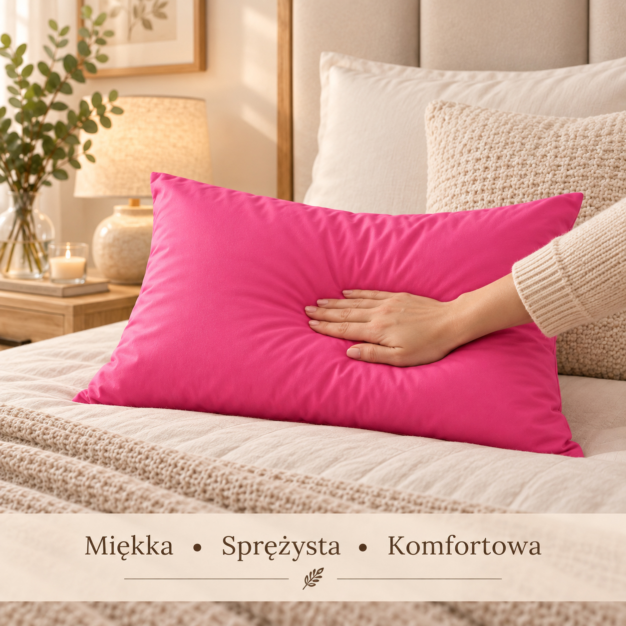 Ciepła różowa poduszka z wełną owczą 40x60