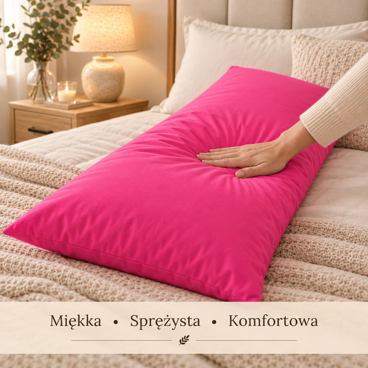 Różowa poduszka z wełną owczą 40x90 długa i sprężysta 900 g
