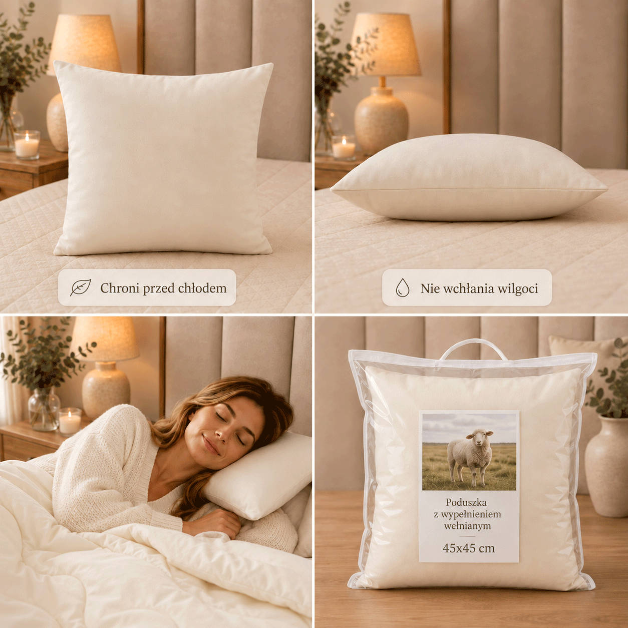 Ciepła poduszka z wełną owczą 45x45 ecru 450 g