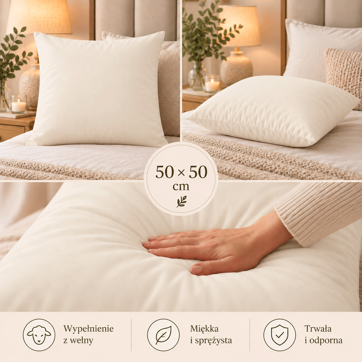 Ciepła poduszka z wełną owczą 50x50 ecru 600 g