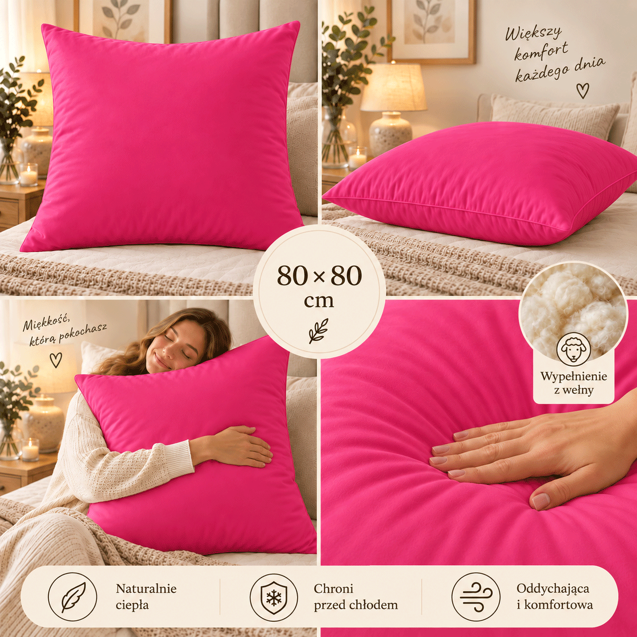 Różowa poduszka z wełną owczą 80x80 1,3 kg